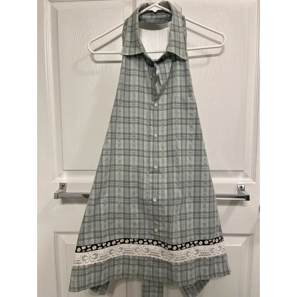 Kitchen Apron Repurposed Green Plaid Shirt Ladies OS for XS-XL